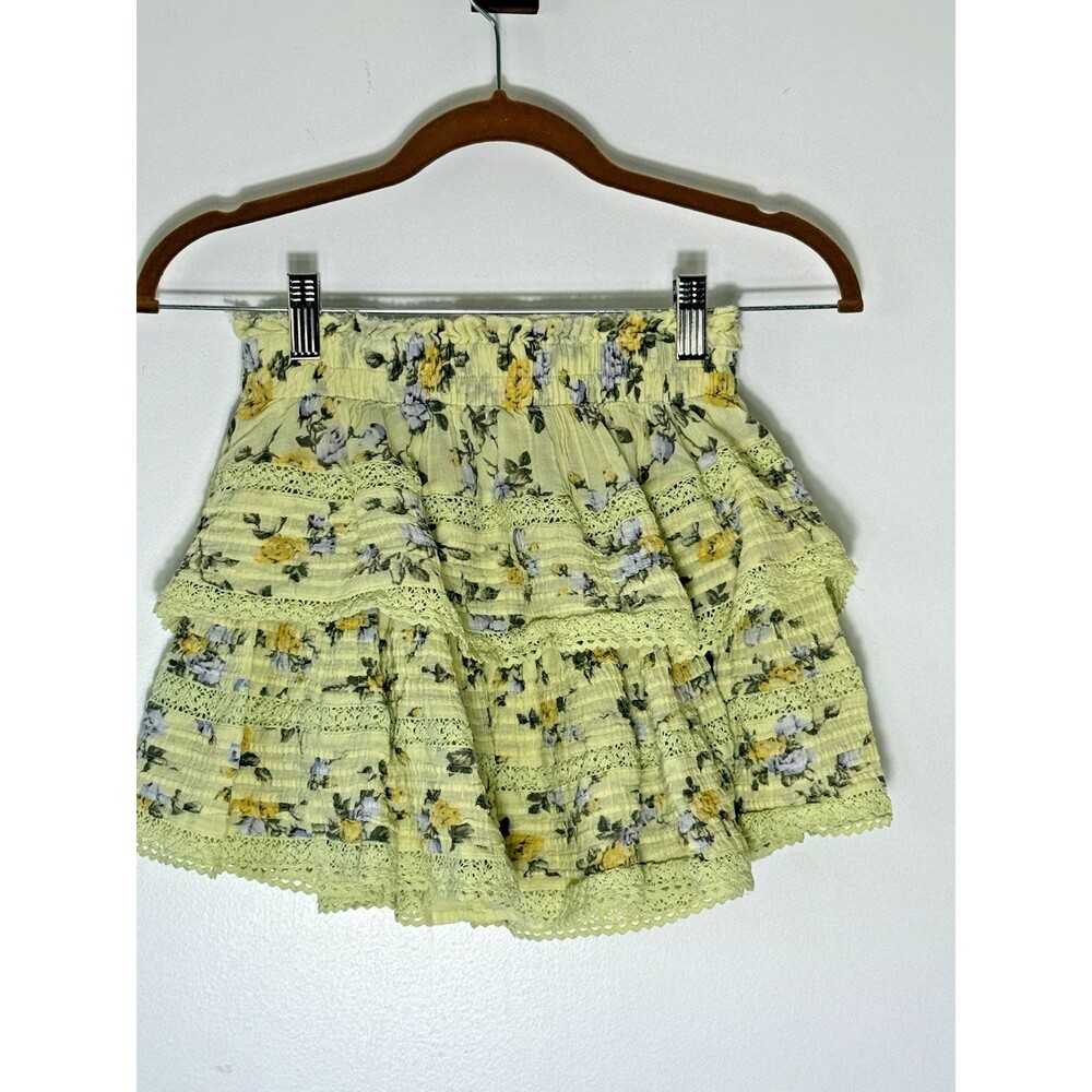 Aerie Skirt XS Yellow Floral Tiered Ruffle Mini Crochet Lace Cottagecore Boho